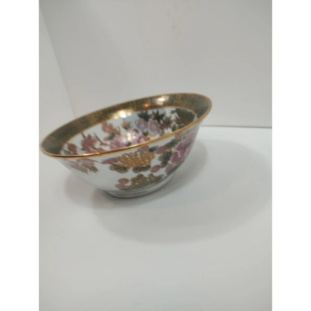 Vintage Oriental Display Bowl Green Gold‎ Mauve Floral 8.5